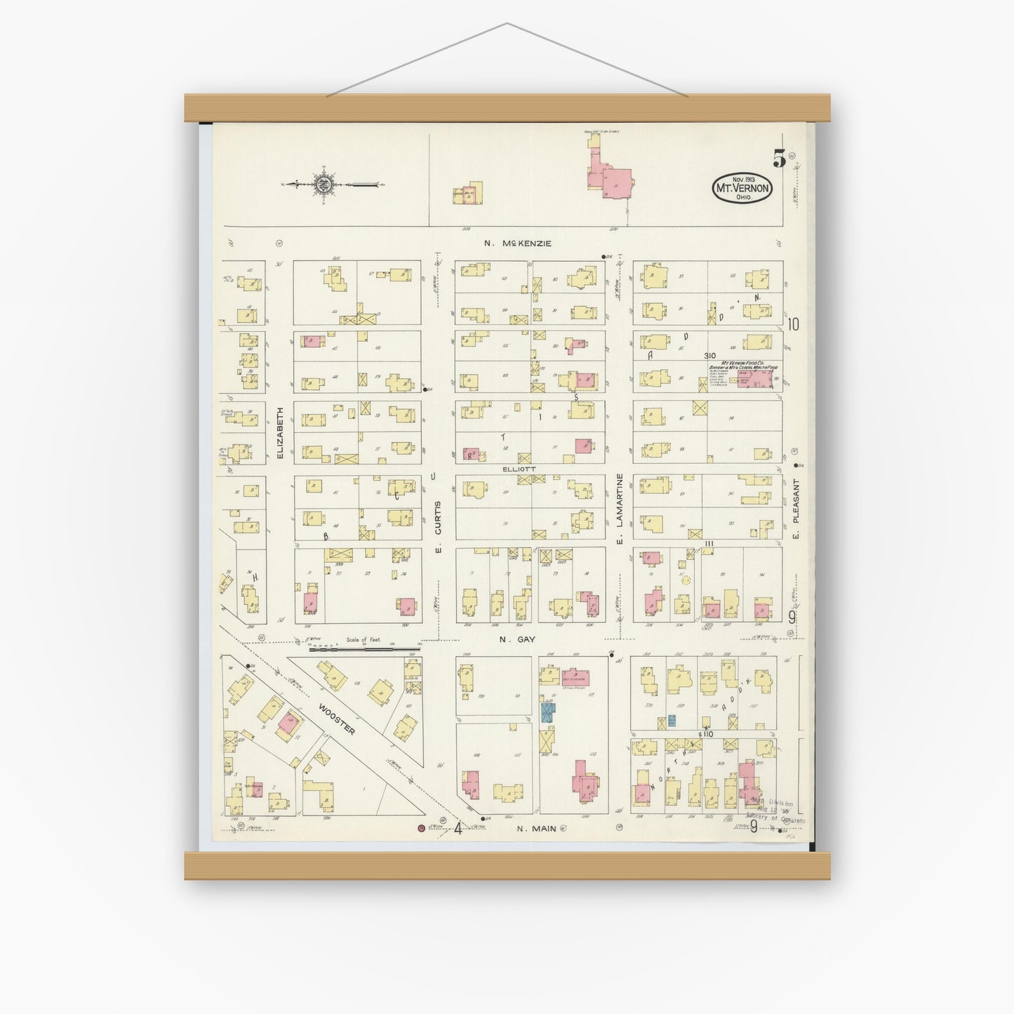 Old map wall art mockup — magnetic wood frame on white wall — Sanborn Fire Insurance Map from Mount Vernon, Knox County, Ohio (1913), Sheet #0005