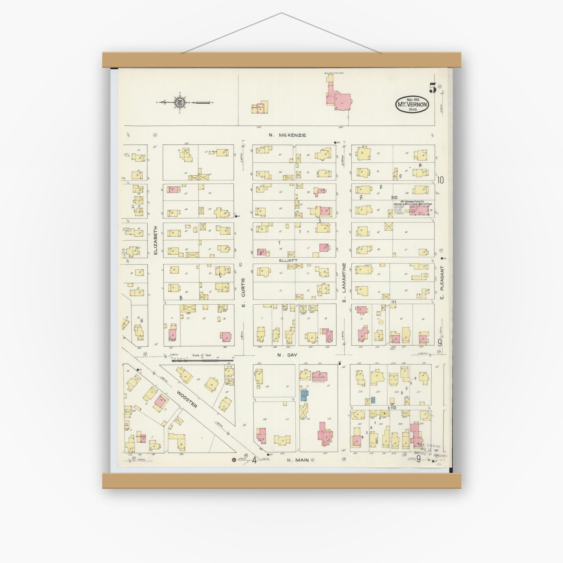 Old map wall art mockup — magnetic wood frame on white wall — Sanborn Fire Insurance Map from Mount Vernon, Knox County, Ohio (1913), Sheet #0005