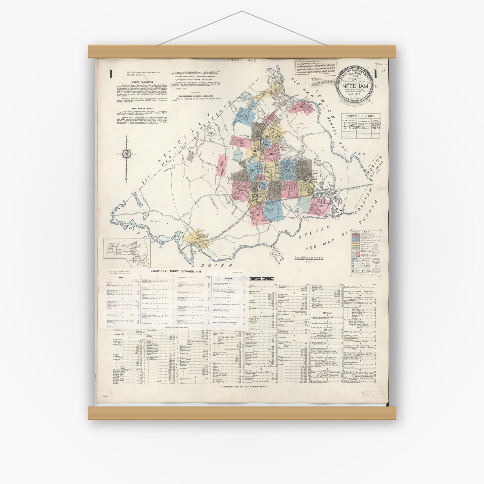 Old map wall art mockup — magnetic wood frame on white wall — Sanborn Fire Insurance Map from Needham, Norfolk County, Massachusetts (1948), Sheet #0001
