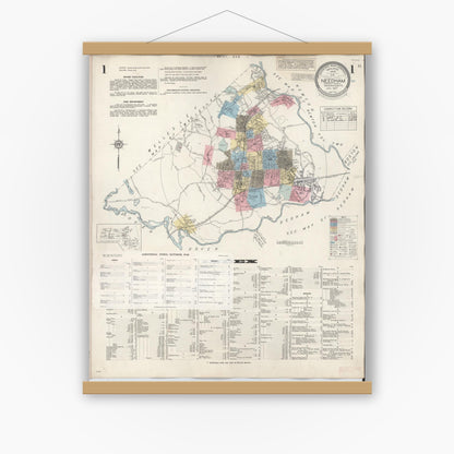 Old map wall art mockup — magnetic wood frame on white wall — Sanborn Fire Insurance Map from Needham, Norfolk County, Massachusetts (1948), Sheet #0001