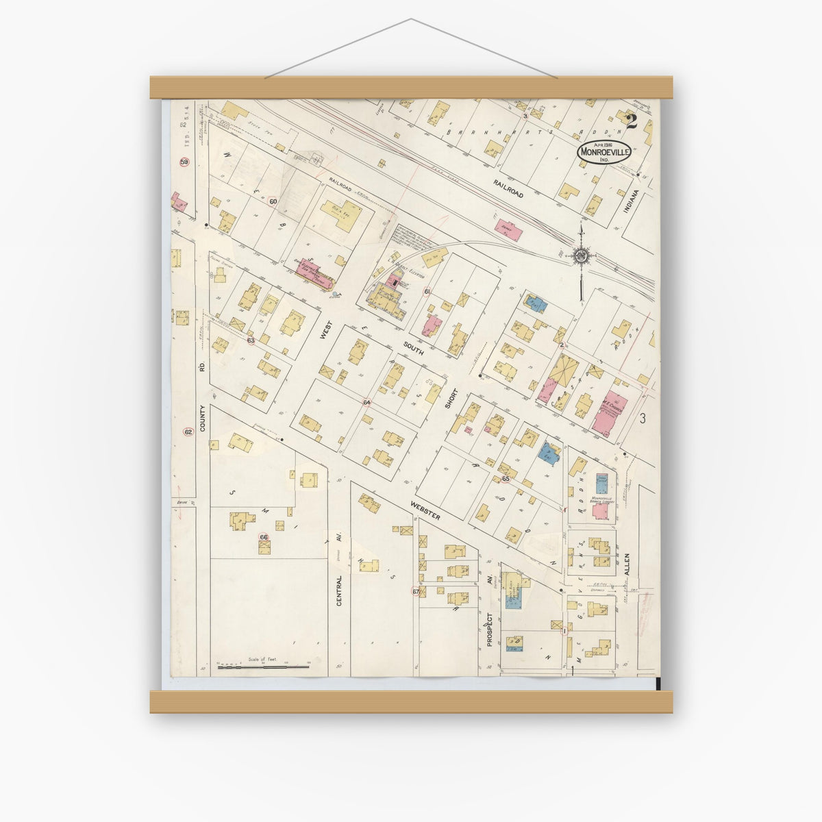 Old map wall art mockup — magnetic wood frame on white wall — Sanborn Fire Insurance Map from Monroeville, Allen County, Indiana (1932), Sheet #0002
