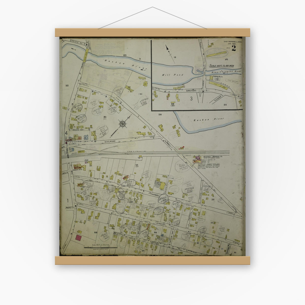 Old map wall art mockup — magnetic wood frame on white wall — Sanborn Fire Insurance Map from East Pepperell, Middlesex County, Massachusetts (1953), Sheet #0002