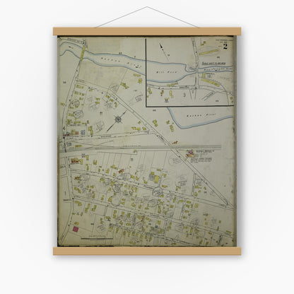 Old map wall art mockup — magnetic wood frame on white wall — Sanborn Fire Insurance Map from East Pepperell, Middlesex County, Massachusetts (1953), Sheet #0002