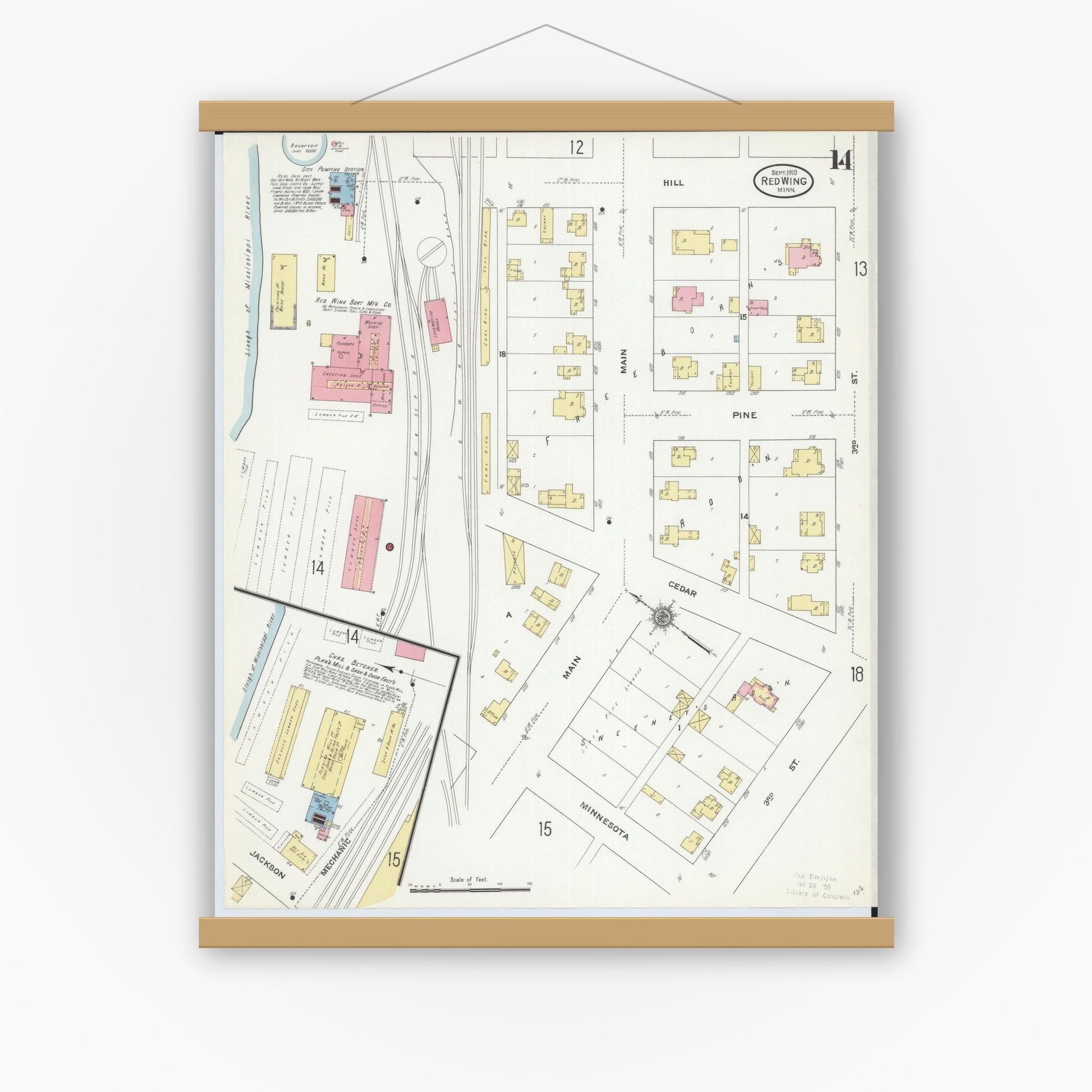 Old map wall art mockup — magnetic wood frame on white wall — Sanborn Fire Insurance Map from Red Wing, Goodhue County, Minnesota (1910), Sheet #0014