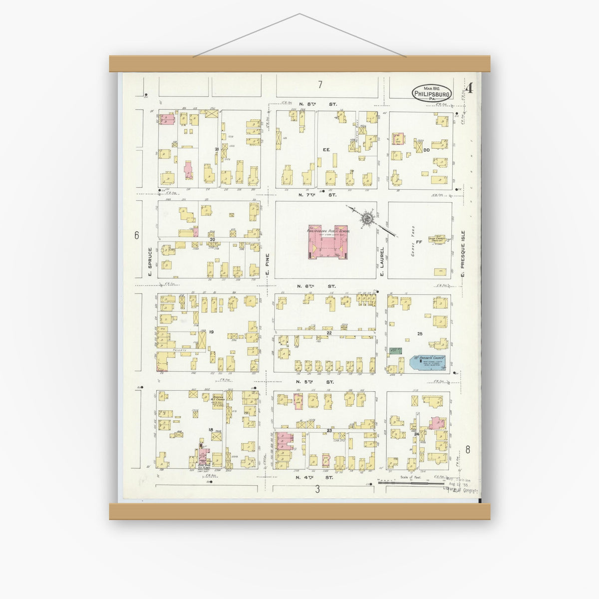 Old map wall art mockup — magnetic wood frame on white wall — Sanborn Fire Insurance Map from Philipsburg, Centre County, Pennsylvania (1910), Sheet #0004