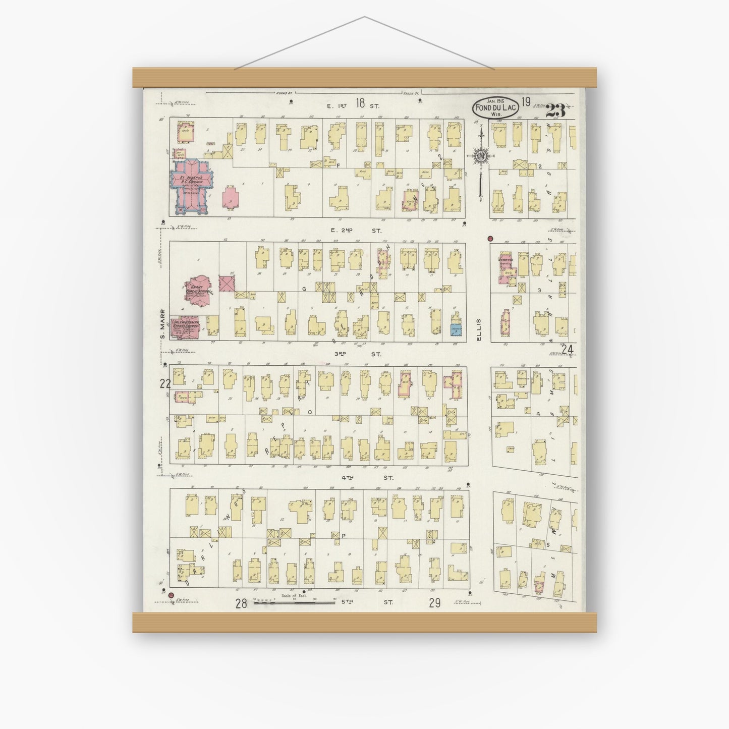 Old map wall art mockup — magnetic wood frame on white wall — Sanborn Fire Insurance Map from Fond du Lac, Fond du Lac County, Wisconsin (1915), Sheet #0023