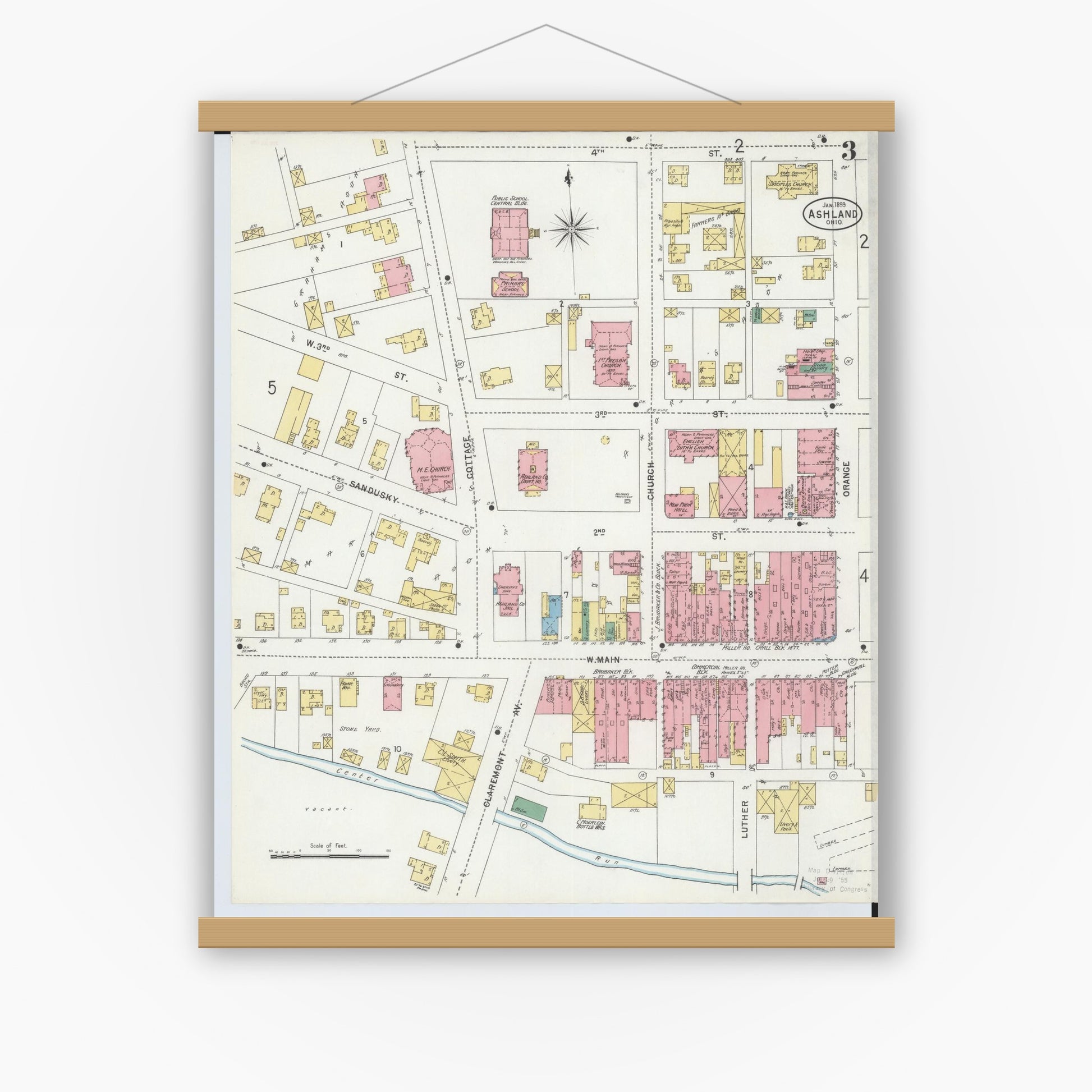 Old map wall art mockup — magnetic wood frame on white wall — Sanborn Fire Insurance Map from Ashland, Ashland County, Ohio (1899), Sheet #0003