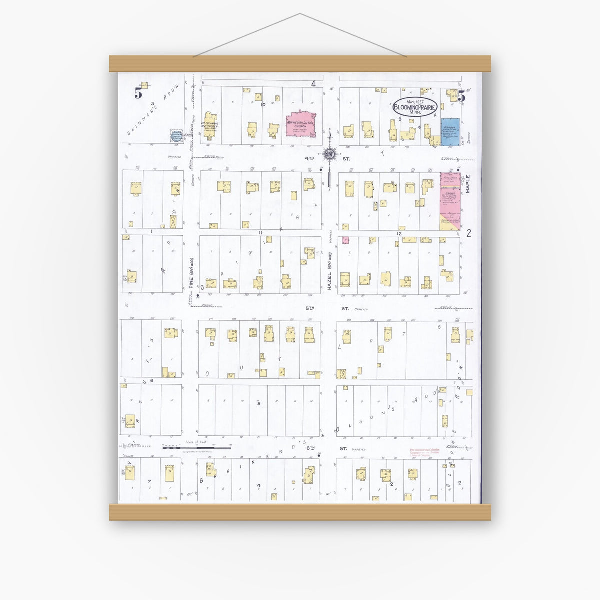 Old map wall art mockup — magnetic wood frame on white wall — Sanborn Fire Insurance Map from Blooming Prairie, Steele County, Minnesota (1927), Sheet #0005