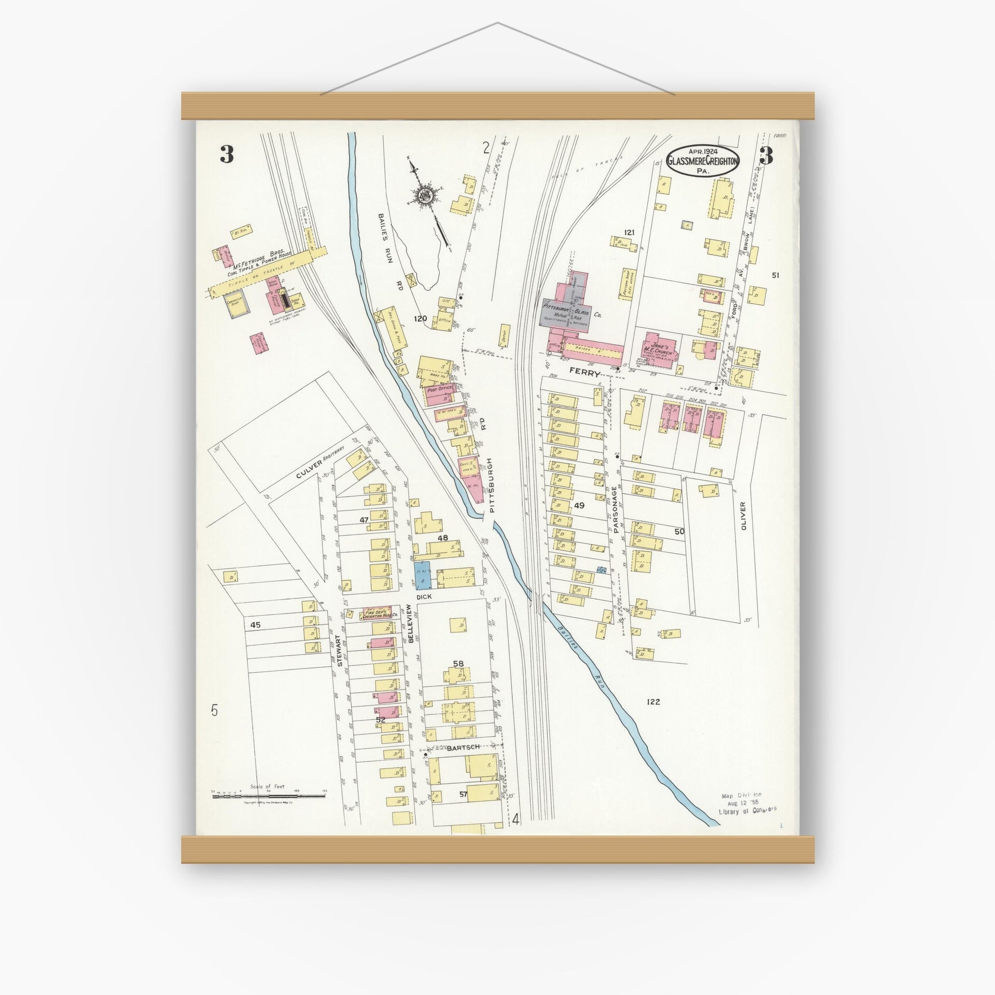 Old map wall art mockup — magnetic wood frame on white wall — Sanborn Fire Insurance Map from Glassmere, Allegheny County, Pennsylvania (1924), Sheet #0003