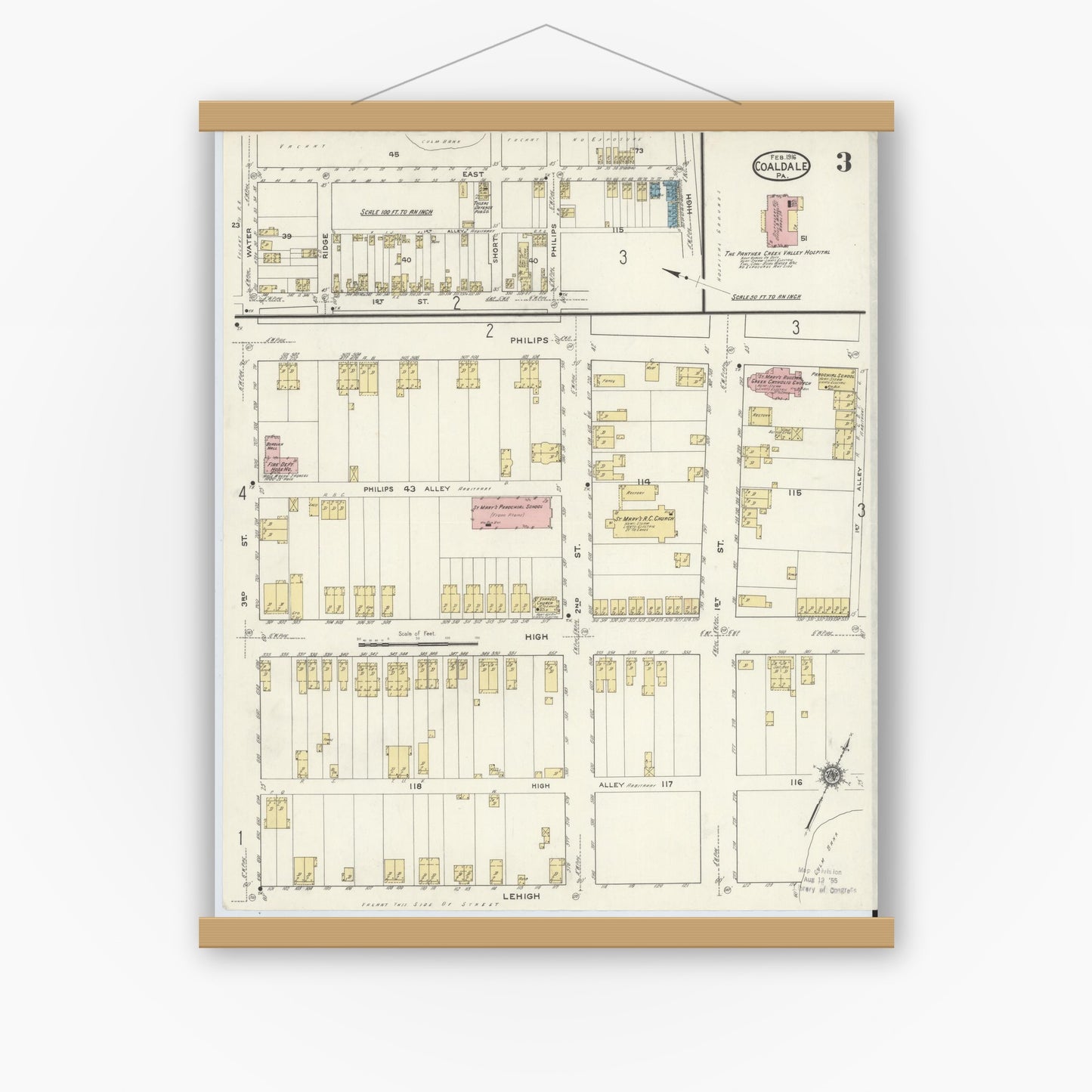 Old map wall art mockup — magnetic wood frame on white wall — Sanborn Fire Insurance Map from Coaldale, Schuylkill County, Pennsylvania (1916), Sheet #0003