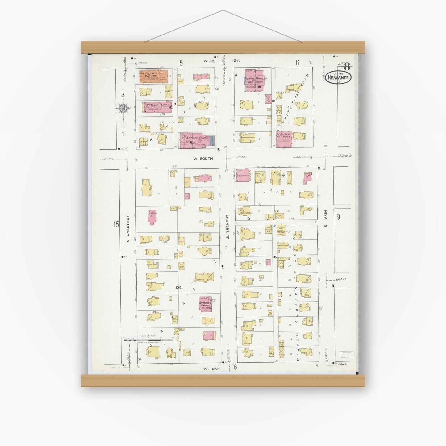 Old map wall art mockup — magnetic wood frame on white wall — Sanborn Fire Insurance Map from Kewanee, Henry County, Illinois (1918), Sheet #0008