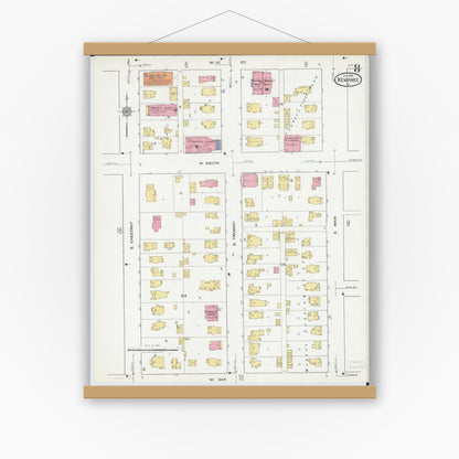 Old map wall art mockup — magnetic wood frame on white wall — Sanborn Fire Insurance Map from Kewanee, Henry County, Illinois (1918), Sheet #0008