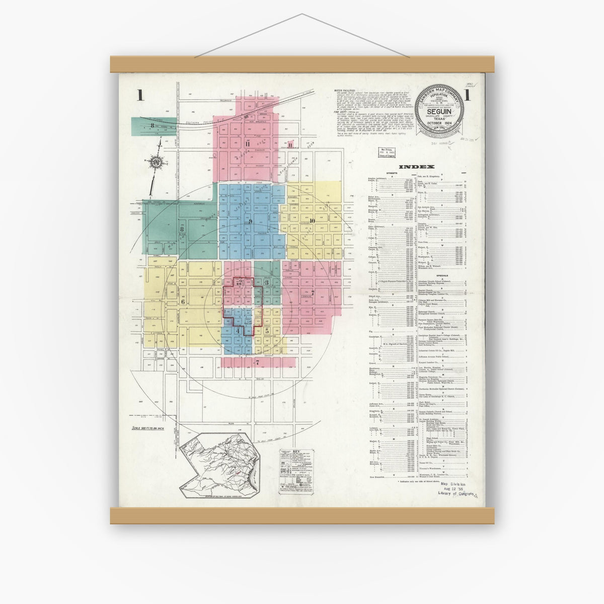 Old map wall art mockup — magnetic wood frame on white wall — Sanborn Fire Insurance Map from Seguin, Guadalupe County, Texas (1924) - Complete Map Set