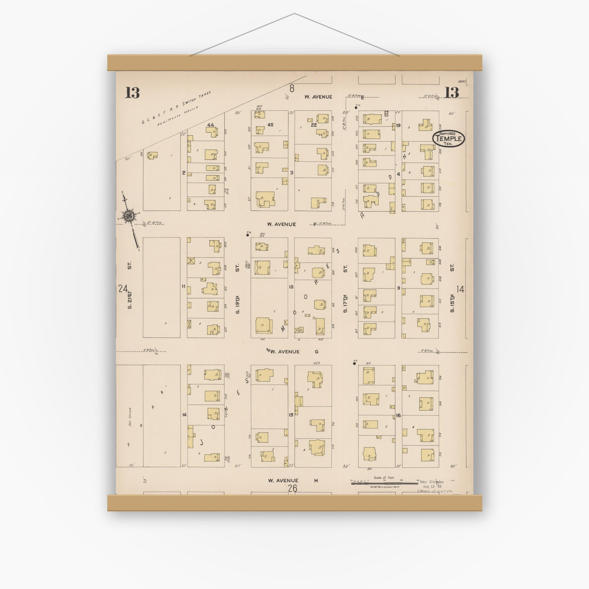Old map wall art mockup — magnetic wood frame on white wall — Sanborn Fire Insurance Map from Temple, Bell County, Texas (1922), Sheet #0013