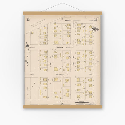 Old map wall art mockup — magnetic wood frame on white wall — Sanborn Fire Insurance Map from Temple, Bell County, Texas (1922), Sheet #0013
