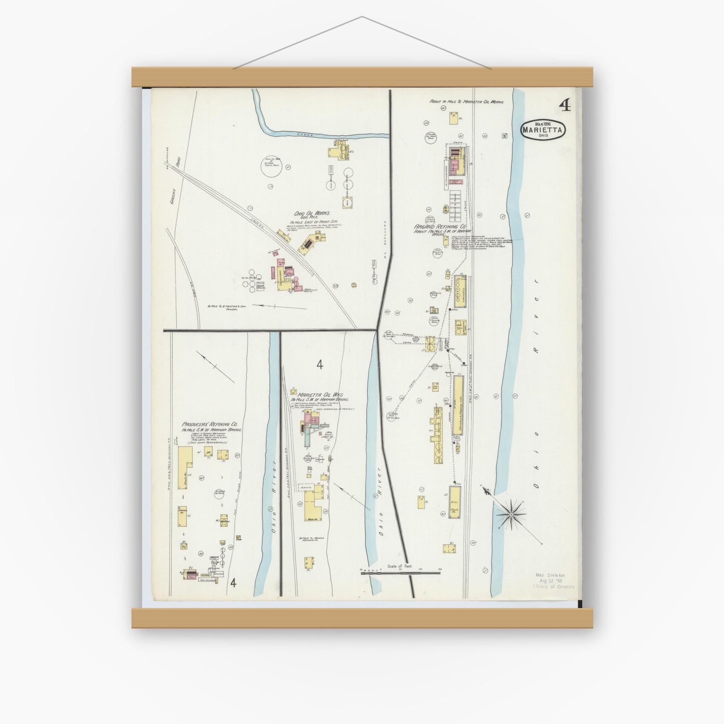 Old map wall art mockup — magnetic wood frame on white wall — Sanborn Fire Insurance Map from Marietta, Washington County, Ohio (1896), Sheet #0004