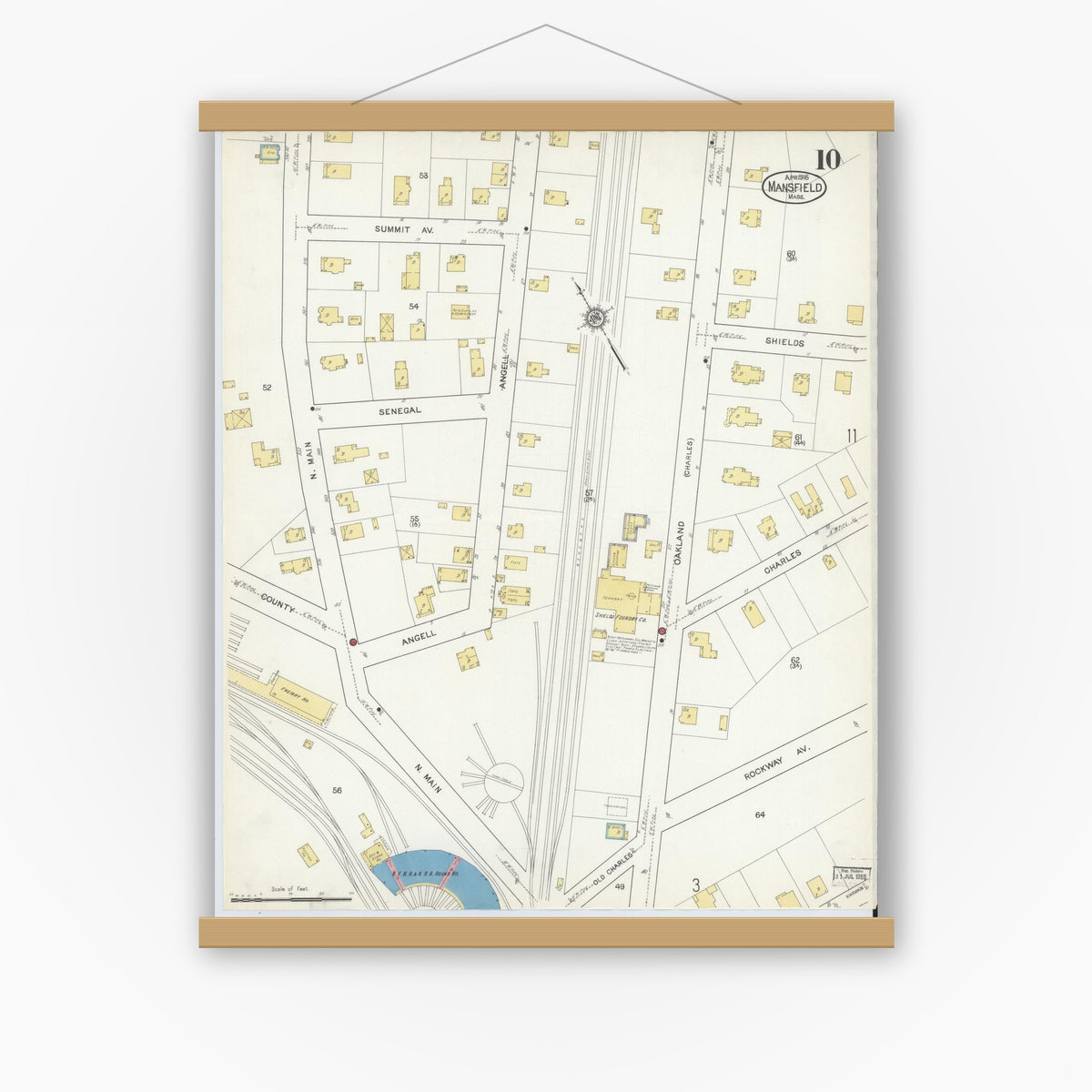 Old map wall art mockup — magnetic wood frame on white wall — Sanborn Fire Insurance Map from Mansfield, Bristol County, Massachusetts (1916), Sheet #0010