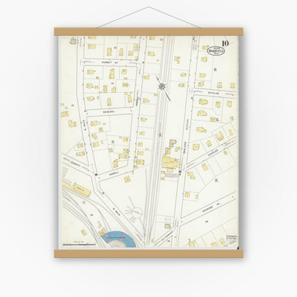 Old map wall art mockup — magnetic wood frame on white wall — Sanborn Fire Insurance Map from Mansfield, Bristol County, Massachusetts (1916), Sheet #0010