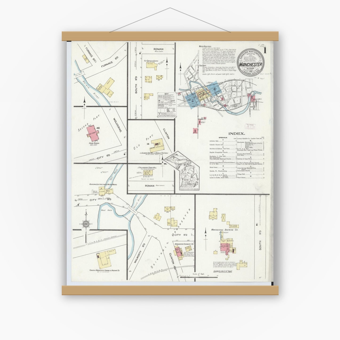 Old map wall art mockup — magnetic wood frame on white wall — Sanborn Fire Insurance Map from Manchester, Washtenaw County, Michigan (1912) - Complete Map Set