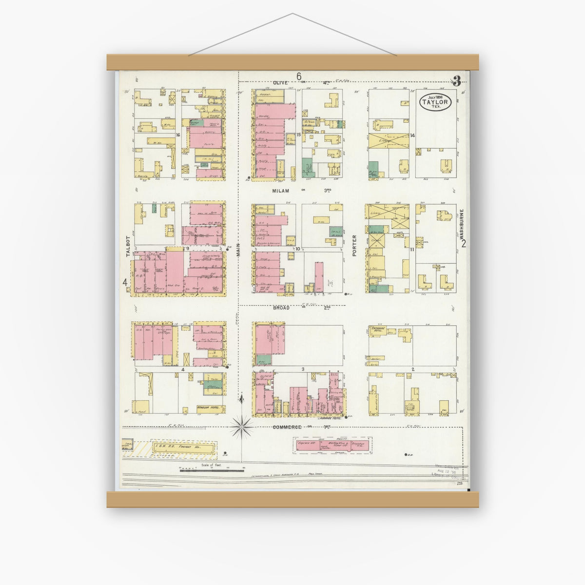 Old map wall art mockup — magnetic wood frame on white wall — Sanborn Fire Insurance Map from Taylor, Williamson County, Texas (1898), Sheet #0003