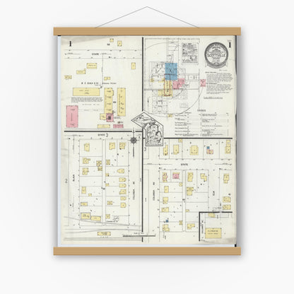Old map wall art mockup — magnetic wood frame on white wall — Sanborn Fire Insurance Map from Scottville, Mason County, Michigan (1924) - Complete Map Set