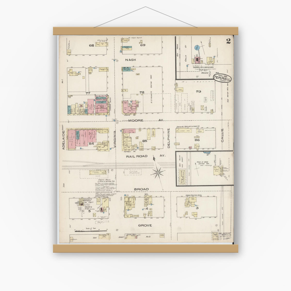 Old map wall art mockup — magnetic wood frame on white wall — Sanborn Fire Insurance Map from Terrell, Kaufman County, Texas (1885), Sheet #0002