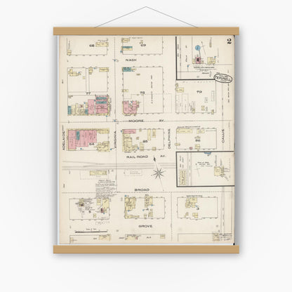 Old map wall art mockup — magnetic wood frame on white wall — Sanborn Fire Insurance Map from Terrell, Kaufman County, Texas (1885), Sheet #0002