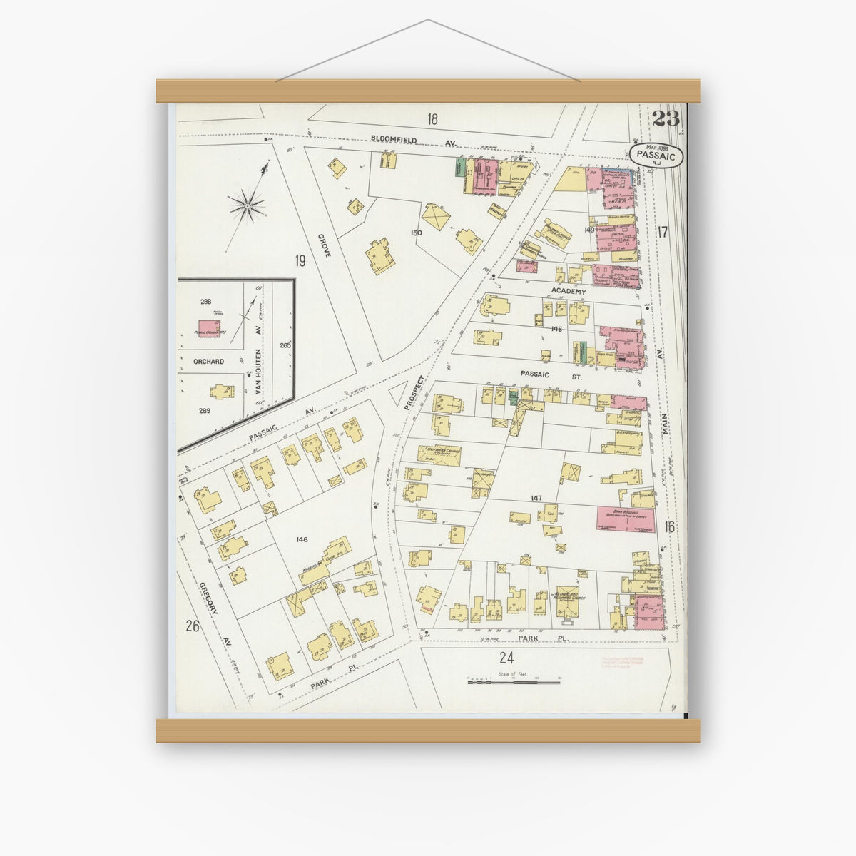 Old map wall art mockup — magnetic wood frame on white wall — Sanborn Fire Insurance Map from Passaic, Passaic County, New Jersey (1899), Sheet #0023
