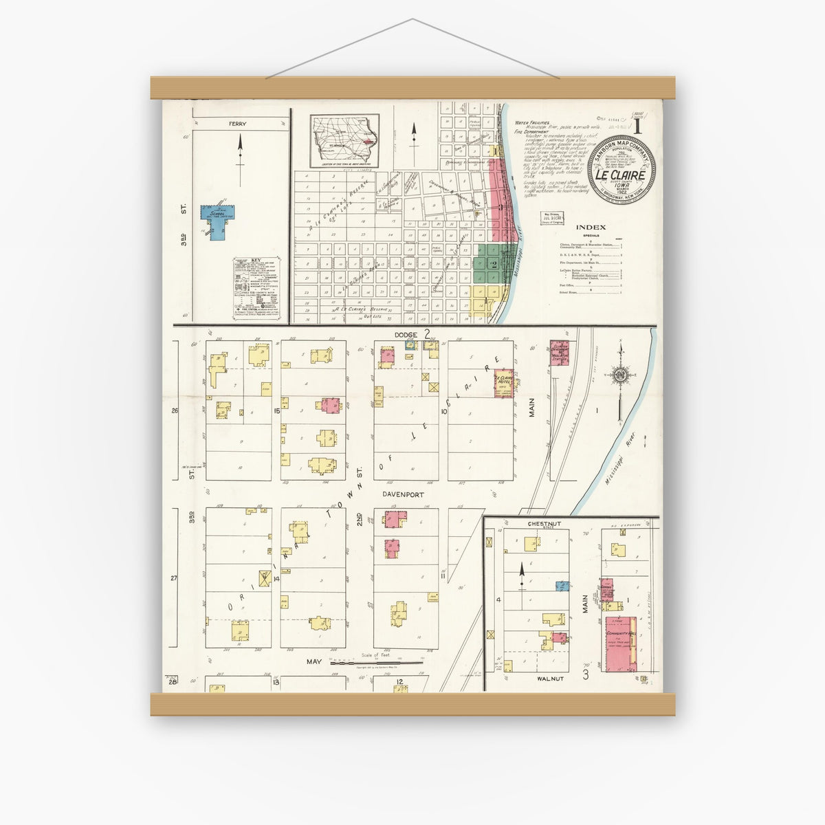 Old map wall art mockup — magnetic wood frame on white wall — Sanborn Fire Insurance Map from Le Claire, Scott County, Iowa (1922) â€” Complete Set