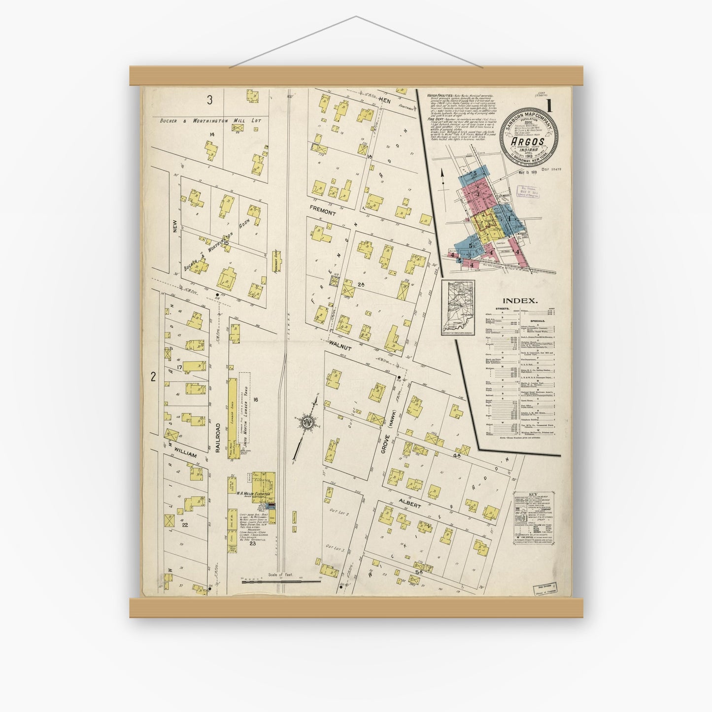 Old map wall art mockup — magnetic wood frame on white wall — Sanborn Fire Insurance Map from Argos, Marshall County, Indiana (1913), Sheet #0001