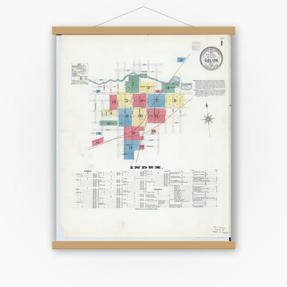 Old map wall art mockup — magnetic wood frame on white wall — Sanborn Fire Insurance Map from Galion, Crawford County, Ohio (1907) - Complete Map Set