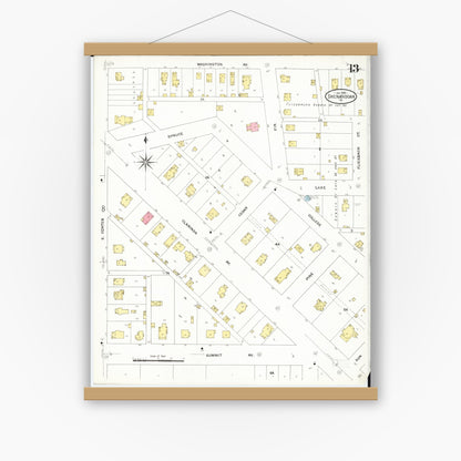 Old map wall art mockup — magnetic wood frame on white wall — Sanborn Fire Insurance Map from Shenandoah, Page County, Iowa (1909), Sheet #0013