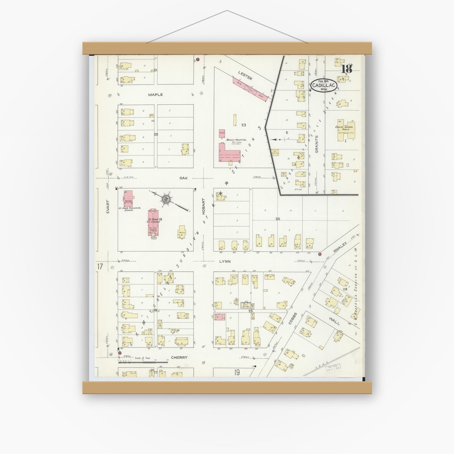 Old map wall art mockup — magnetic wood frame on white wall — Sanborn Fire Insurance Map from Cadillac, Wexford County, Michigan (1914), Sheet #0018