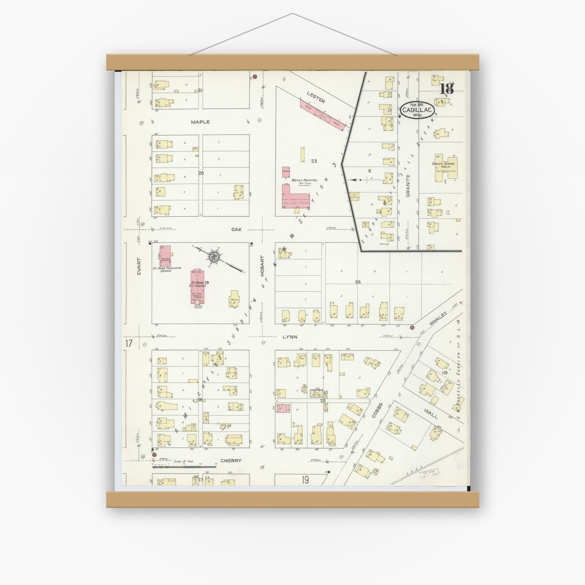 Old map wall art mockup — magnetic wood frame on white wall — Sanborn Fire Insurance Map from Cadillac, Wexford County, Michigan (1914), Sheet #0018