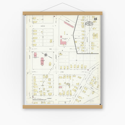 Old map wall art mockup — magnetic wood frame on white wall — Sanborn Fire Insurance Map from Cadillac, Wexford County, Michigan (1914), Sheet #0018