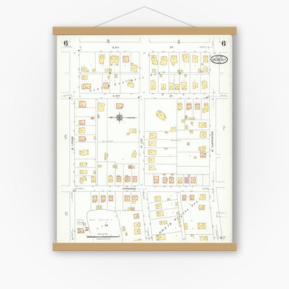 Old map wall art mockup — magnetic wood frame on white wall — Sanborn Fire Insurance Map from Moberly, Randolph County, Missouri (1923), Sheet #0006