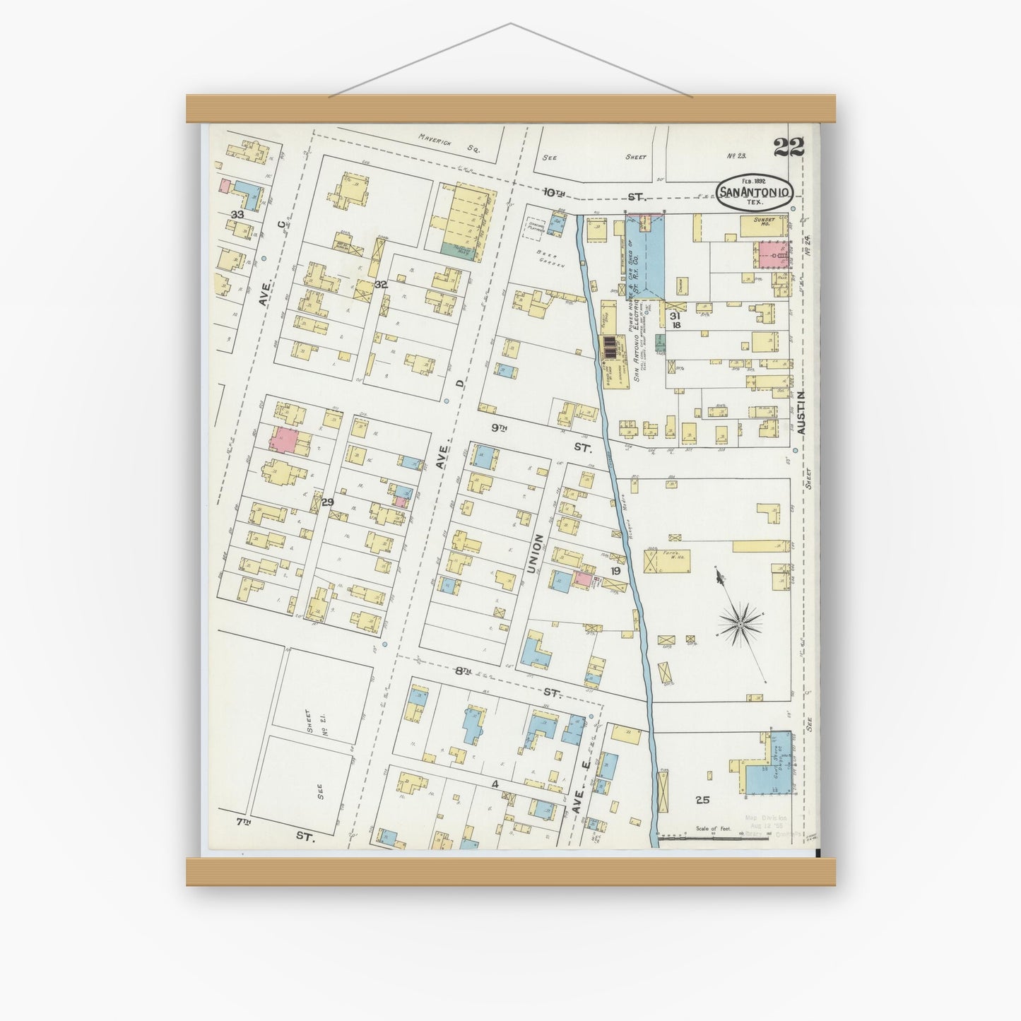 Old map wall art mockup — magnetic wood frame on white wall — Sanborn Fire Insurance Map from San Antonio, Bexar County, Texas (1892), Sheet #0022