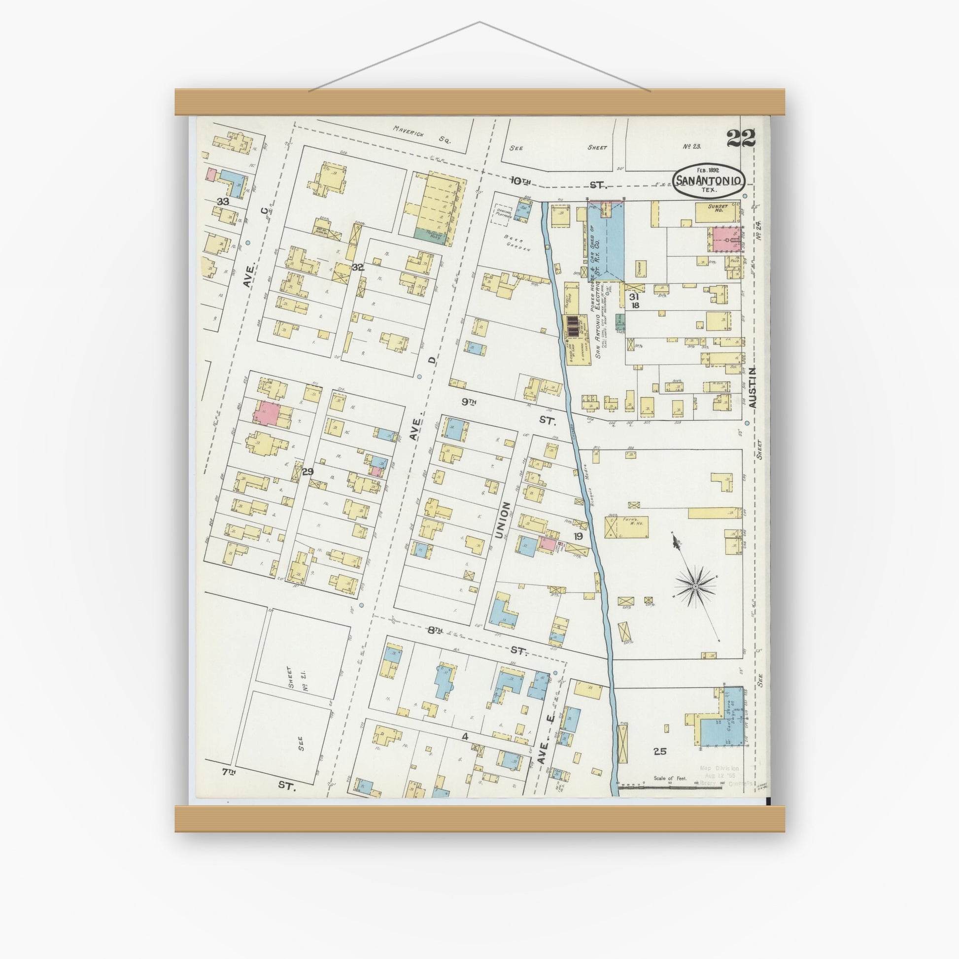 Old map wall art mockup — magnetic wood frame on white wall — Sanborn Fire Insurance Map from San Antonio, Bexar County, Texas (1892), Sheet #0022