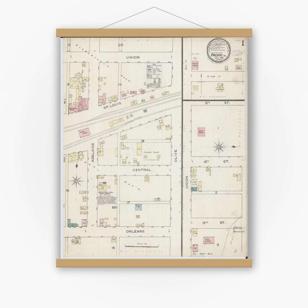 Old map wall art mockup — magnetic wood frame on white wall — Sanborn Fire Insurance Map from Pacific, Franklin County, Missouri (1886) - Complete Map Set
