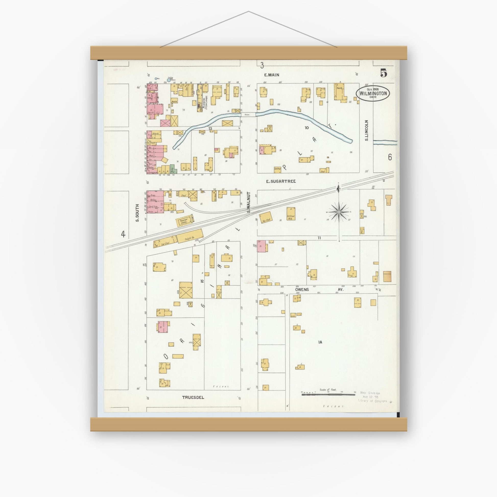 Old map wall art mockup — magnetic wood frame on white wall — Sanborn Fire Insurance Map from Wilmington, Clinton County, Ohio (1900), Sheet #0005