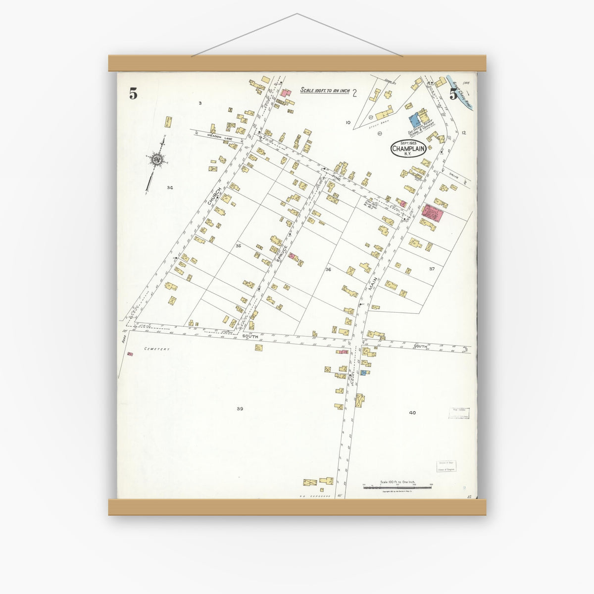 Old map wall art mockup — magnetic wood frame on white wall — Sanborn Fire Insurance Map from Champlain, Clinton County, New York (1923), Sheet #0005