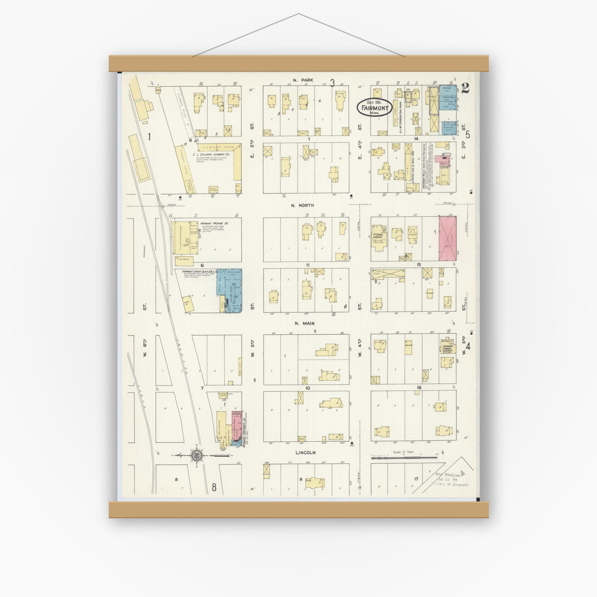 Old map wall art mockup — magnetic wood frame on white wall — Sanborn Fire Insurance Map from Fairmont, Martin County, Minnesota (1911), Sheet #0002