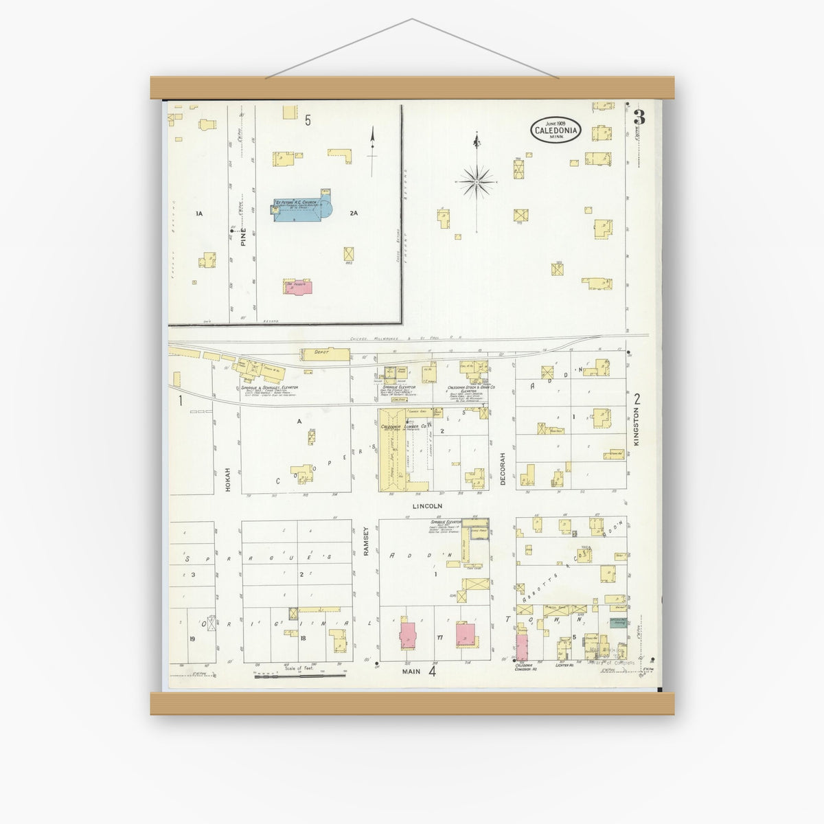 Old map wall art mockup — magnetic wood frame on white wall — Sanborn Fire Insurance Map from Caledonia, Houston County, Minnesota (1909), Sheet #0003