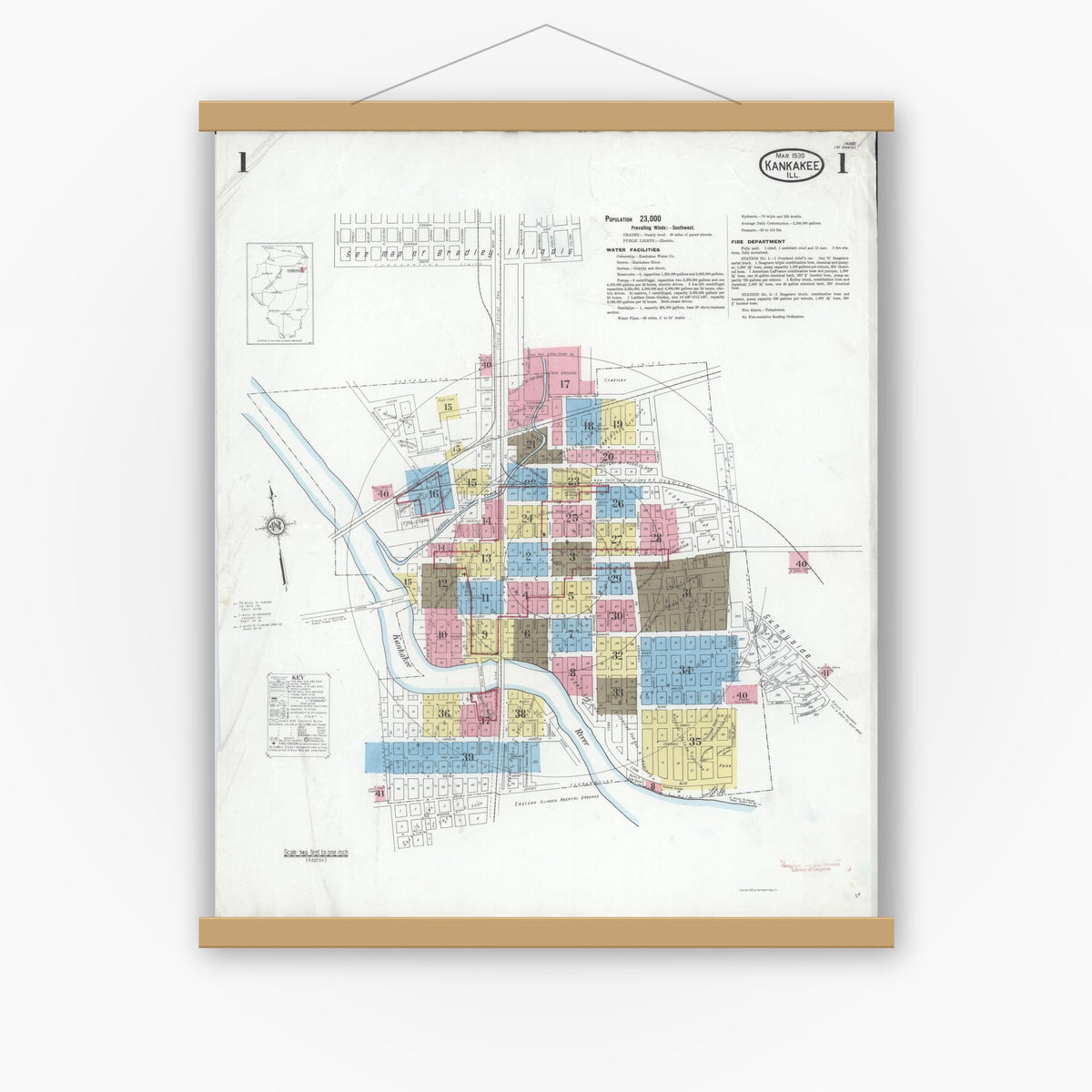 Old map wall art mockup — magnetic wood frame on white wall — Sanborn Fire Insurance Map from Kankakee, Kankakee County, Illinois (1930) - Complete Map Set