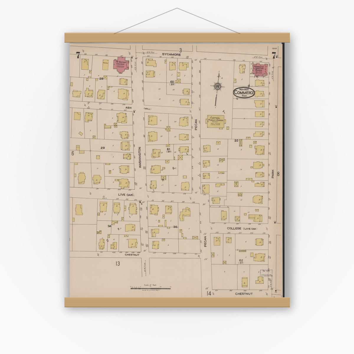 Old map wall art mockup — magnetic wood frame on white wall — Sanborn Fire Insurance Map from Commerce, Hunt County, Texas (1922), Sheet #0007