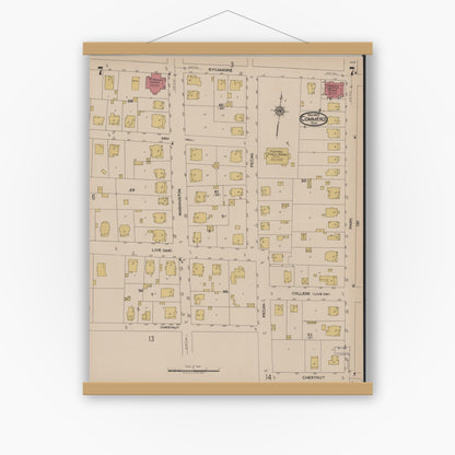 Old map wall art mockup — magnetic wood frame on white wall — Sanborn Fire Insurance Map from Commerce, Hunt County, Texas (1922), Sheet #0007