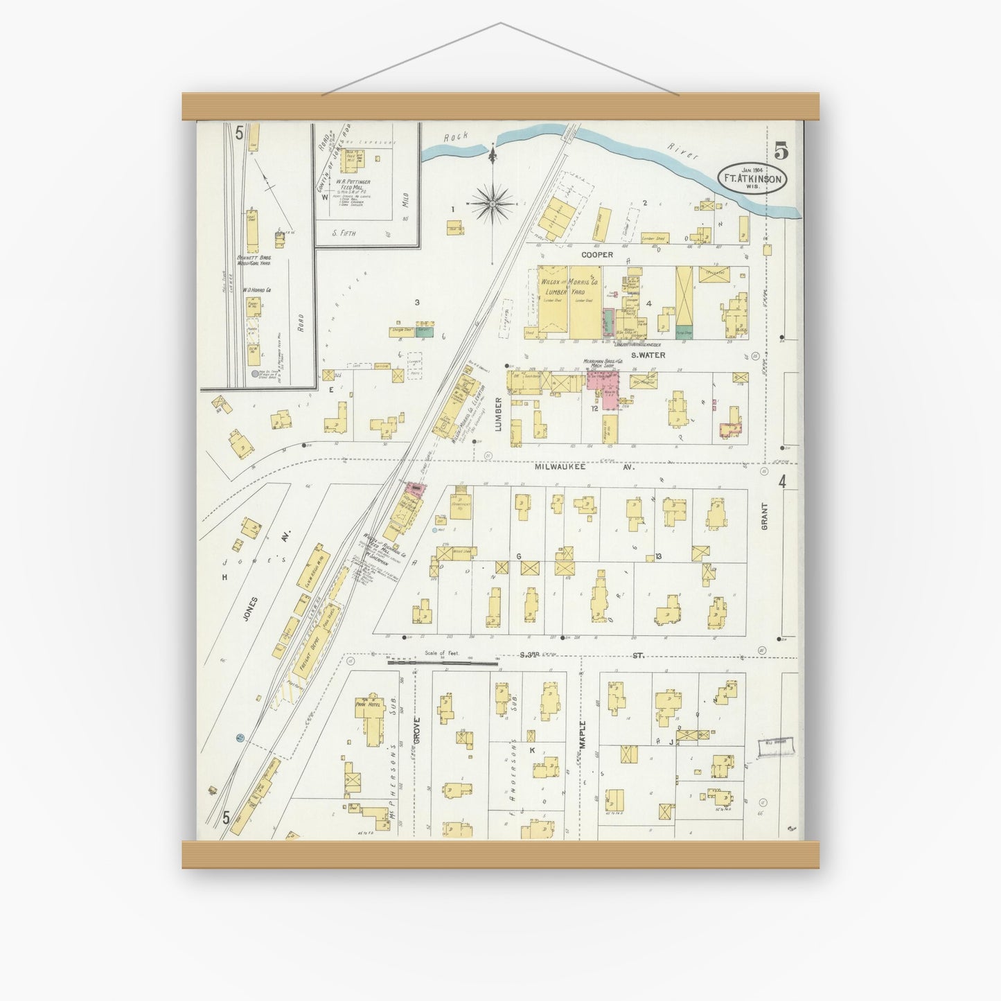 Old map wall art mockup — magnetic wood frame on white wall — Sanborn Fire Insurance Map from Fort Atkinson, Jefferson County, Wisconsin (1904), Sheet #0005