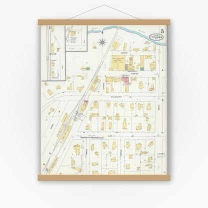 Old map wall art mockup — magnetic wood frame on white wall — Sanborn Fire Insurance Map from Fort Atkinson, Jefferson County, Wisconsin (1904), Sheet #0005