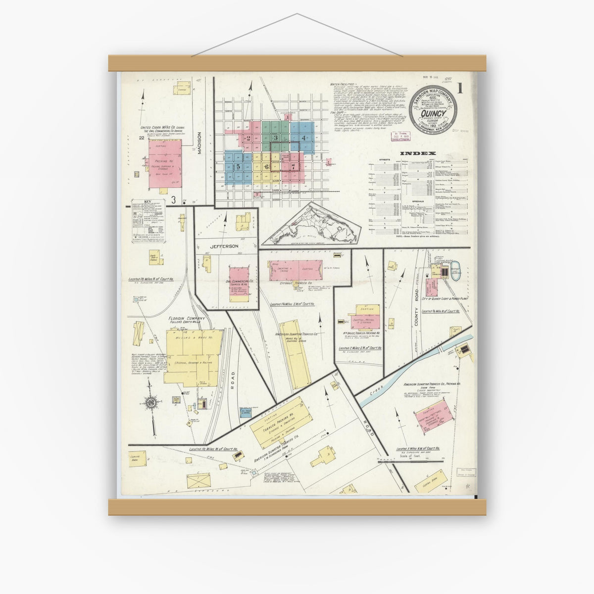 Old map wall art mockup — magnetic wood frame on white wall — Sanborn Fire Insurance Map from Quincy, Gadsden County, Florida (1913) - Complete Map Set