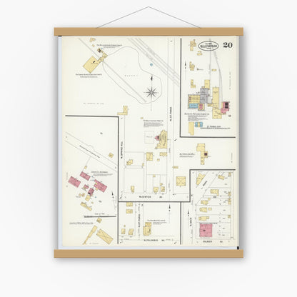 Old map wall art mockup — magnetic wood frame on white wall — Sanborn Fire Insurance Map from Bellefontaine, Logan County, Ohio (1907), Sheet #0020